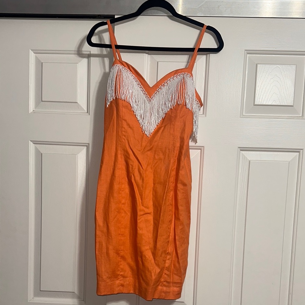 PIA RUCCI Orange Linen Dress with Beaded White Fringe